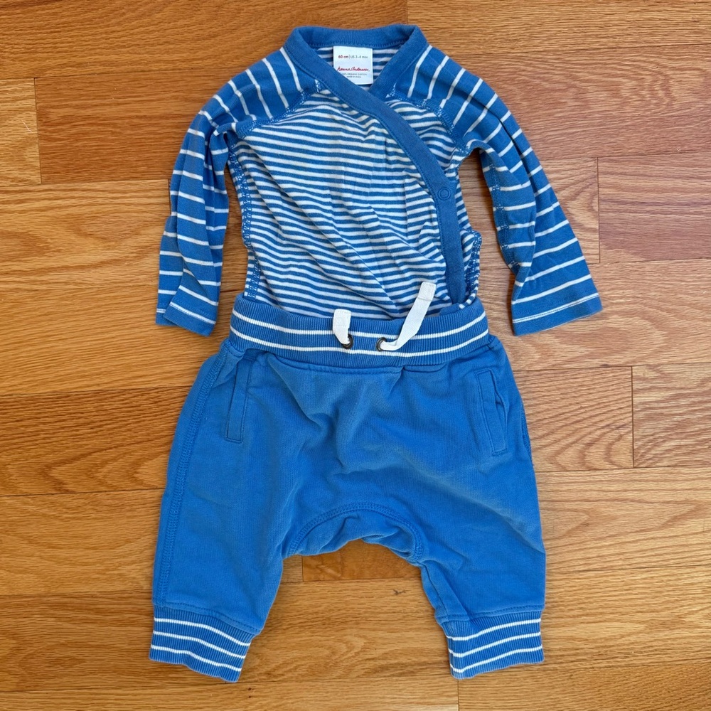Hanna Andersson Blue White Stripe Wiggle Sweat Suit Set Outfit 60cm (3-6mo)